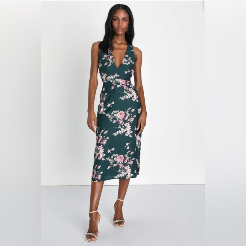 Lulus Sweetest Sense Emerald Green Floral Satin Tie-Back Midi Dress